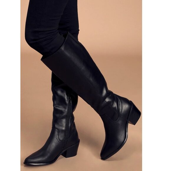 Dolce Vita Orphie Black Leather Pointed-Toe Knee-High Boots - Picture 1 of 4
